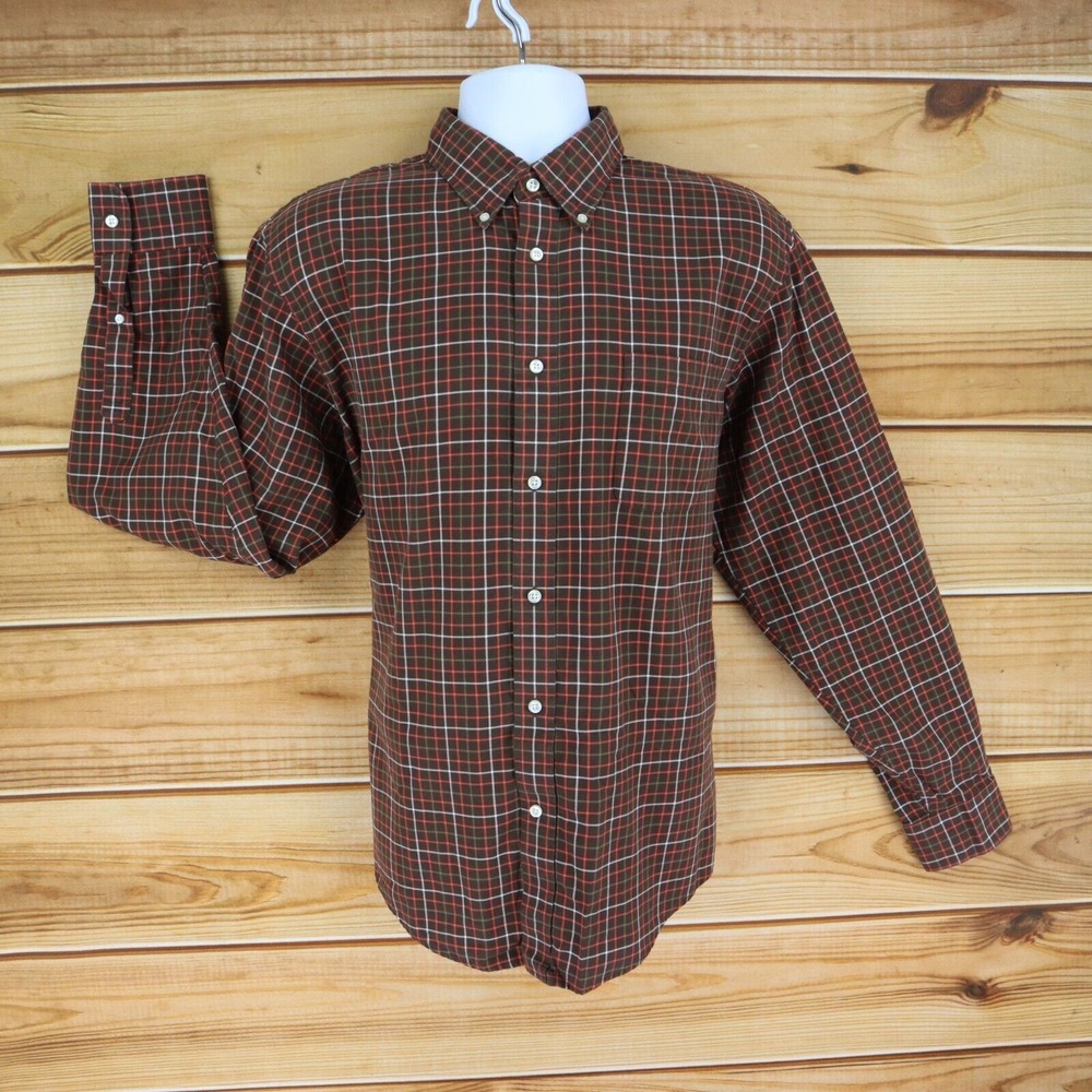 Lands' End Dress Shirt Mens L (16.5) Brown Plaid 100% Cotton Button Down Collar